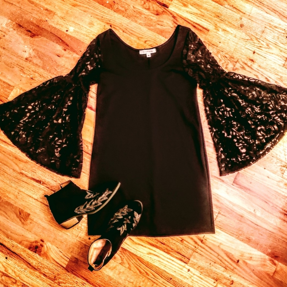 70s lacey black bell sleave mini dress